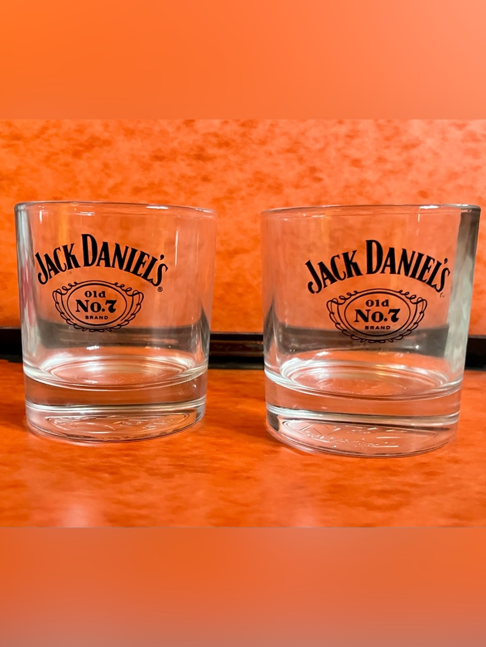 Pair of Jack Daniels Old No 7 round rocks low whiskey tumbler